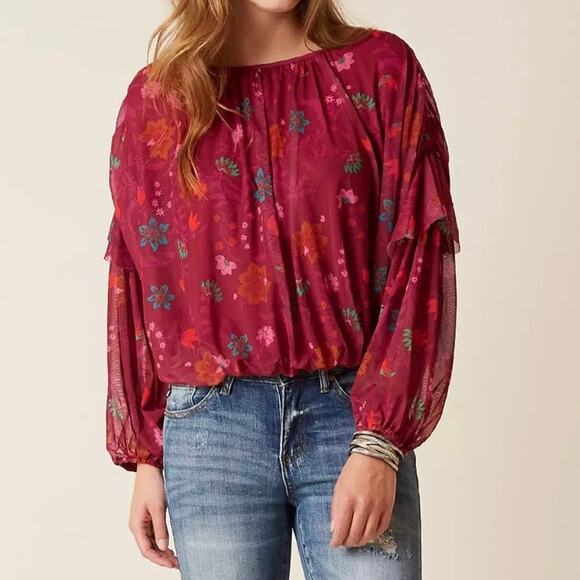 Free People Tops - Free People Wildflower Honey Floral Print Peasant Mesh Overlay Womens Blouse XS